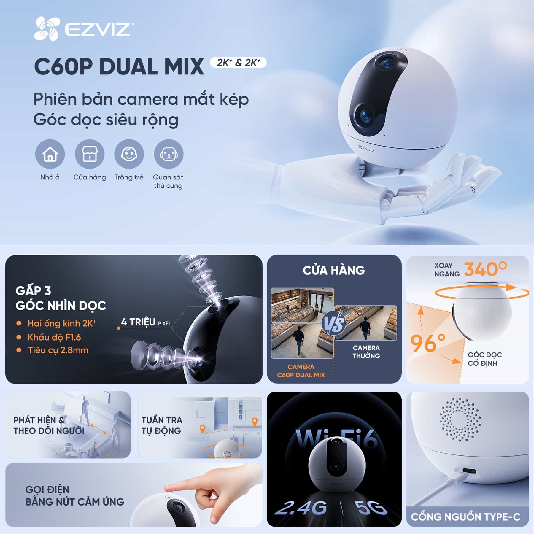 Camera Wi-Fi EZVIZ C60P Dual Mix + mắt kép quay quét 2K
